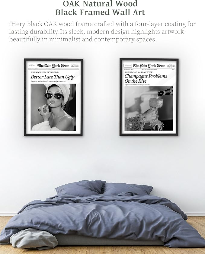 iHery 16x20in Champagne Problems on the Rise Framed Newspaper Art | Premium Black Natural OAK Wood Frame with Canvas Print, Vintage Champagne Decor for Bar Cart, Kitchen, Living Room 1Pack