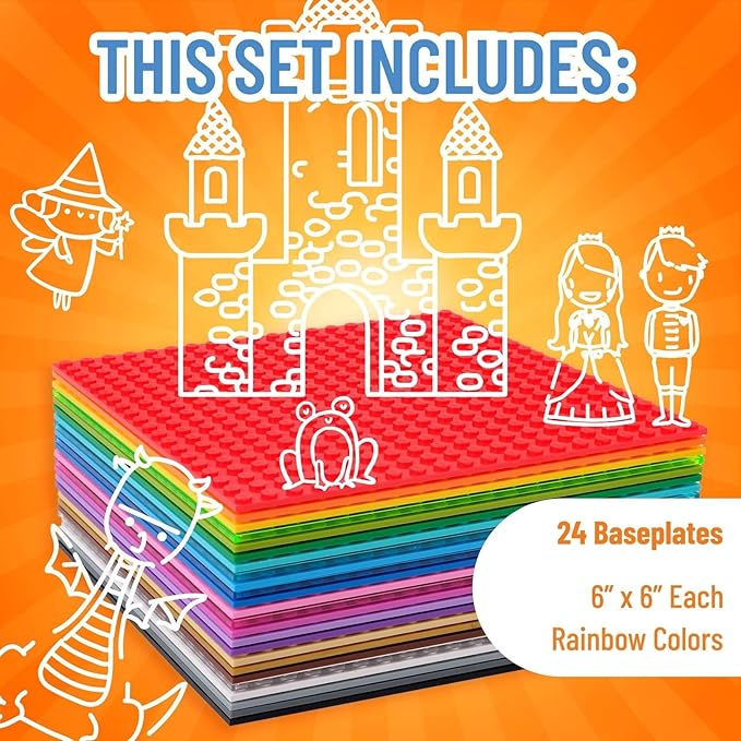 Strictly Briks Classic Stackable Brick Base Plates - Compatible with Lego Building Bricks - 24 Pack 6 x 6-Inch Multicolor - 20 x 20 Studs - Stackable Top & Bottom Sides
