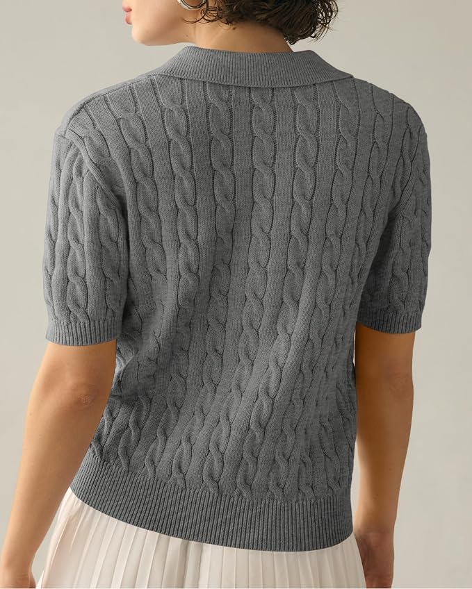 Imily Bela Womens Cable Short Sleeve Sweaters Tops Lapel V Neck Knit Shirt | Solid,Knit Casual,Soft Pullover,Fall Sweaters,Womens Summer Work Tops