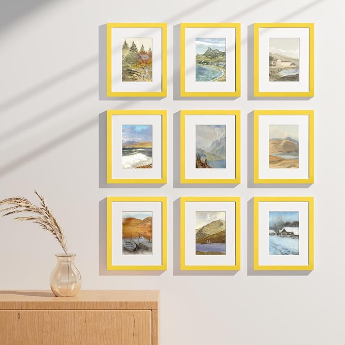 Vittanly 8x10 Picture Frames Set of 9 for Wall or Tabletop Display, Yellow | Display Pictures 5x7 with Mat or 8x10 without Mat, Small Photo Frames, Engineered Wood with Shatter Resistant Plexiglass