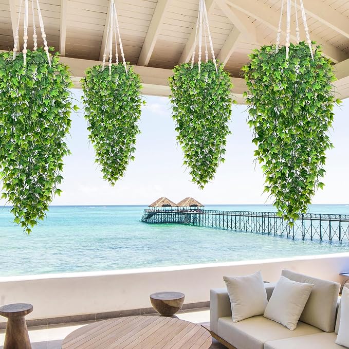 Waipfaru Artificial Hanging Ivy for Outdoors, 4pcs Faux Vines Greenery | Fake Hanging Plants for Wall Home Bedroom Living Aesthetic Kitchen Office Aesthetic Kitchen Indoor Outdoor Decor