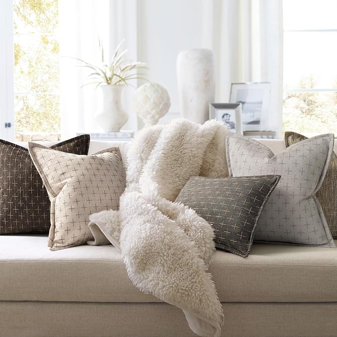 Pillow Covers 18x18 Set of 2 Soft Polyester Textured Pillow Covers with Stylish Flange Edge Cozy Farmhouse Throw Pillows for Couch Bed Sofa Living Room
