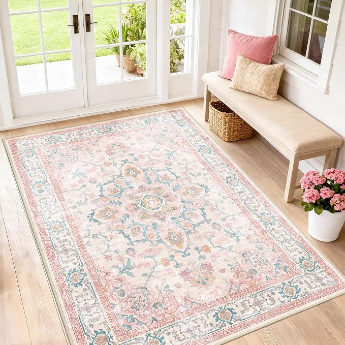 CAPALOCA 4x6 Washable Nursery Girls Low Pile Area Rug Pink Teal | Non-Slip Soft Rugs for Bedroom Kids Playroom Living Room, Print Pattern Water Repellent Carpet Indoor Decor