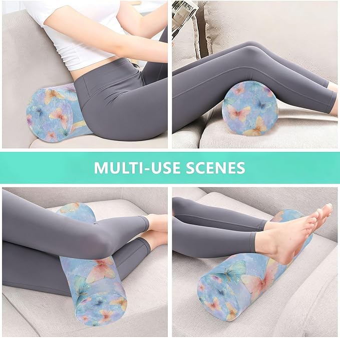 Neck Roll Pillow Bolster Pillows Round Health Memory Foam Long Cervical Cylinder Body Removable Washable Cover Bed Legs Back Yoga Butterfly Blue Pink