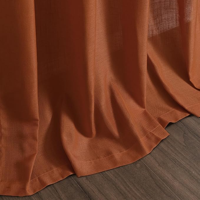 Nanspring Rust Linen Curtains for Living Room 90 Inches Long Light Filtering Semi Sheer Curtain Back Tab and Rod Pocket Vintage Rustic Luxury Home Decor Drapes for Bedroom Office 52x90, 2 Panels
