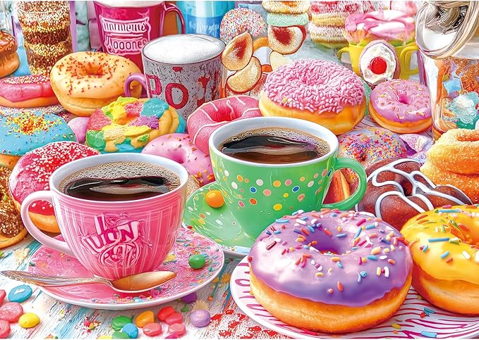500 Pieces Puzzles for Adults Colorful Donuts Coffee Jigsaw Puzzle Letter on Back No Dust Difficult Unique Family Challenging Food Puzzles Gift Toy for Adults Seniors Perfect for Game Nights (23"x15")