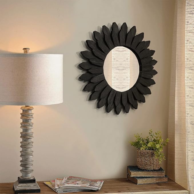 Boho Wall Decor Mirrors for Wall 2 Pack 12 inch Wood Decorative Mirror for Room Decor Rustic Farmhouse Mirror for Bedroom Bathroom Living Room Kitchen Black