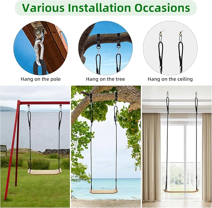 PELLOR Birch Wood Tree Swing - 330lbs Load, 20.8"x7.8" Swing Seat for Adults&Kids, 59-86" Adjustable Nylon Rope, Indoor/Balcony Outdoor Swing for Parent-Child Interaction