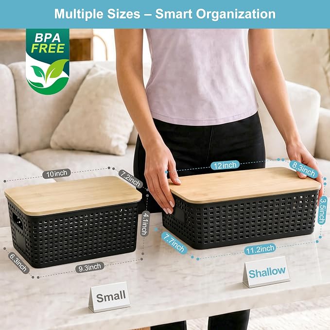4 Pack Plastic Storage Bins with Bamboo Lids, 6.2qt Stackable Storage Organizer Box with Lable for Pantry Shelves Drawers Desktop Office, 12"L x 8.3"W x 3.5"H, Black