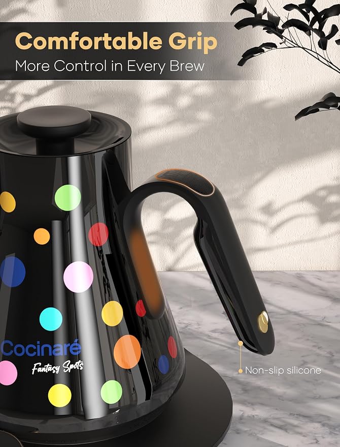 Cocinare Artisan Collection Gooseneck Electric Kettle, ±0.5℉ Precise Temperature Control for Pour-Over Coffee & Tea, Quick Heating 1500W, Stainless Steel Interior, 0.9L (Confetti)