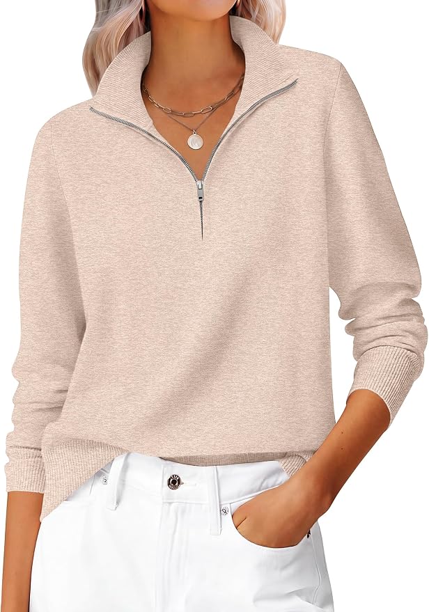 ANRABESS Women Quarter Zip Long Sleeve Fall Pullover Sweater | Soft Knit Fabric Medium Stretch, Business Casual Work Office, Travel Vacation, 2026 Trendy Fashion, Winter Cozy Outfits
