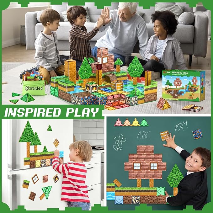 84PCS Magnetic Tiles Building Blocks with Toppers Simulate Mine Magworld Building Craft Construction Game Playset Kids Toys Learning Sensory Toys Gift for Age 4-6, 5-7, 8-12 Boys Girls Gamers