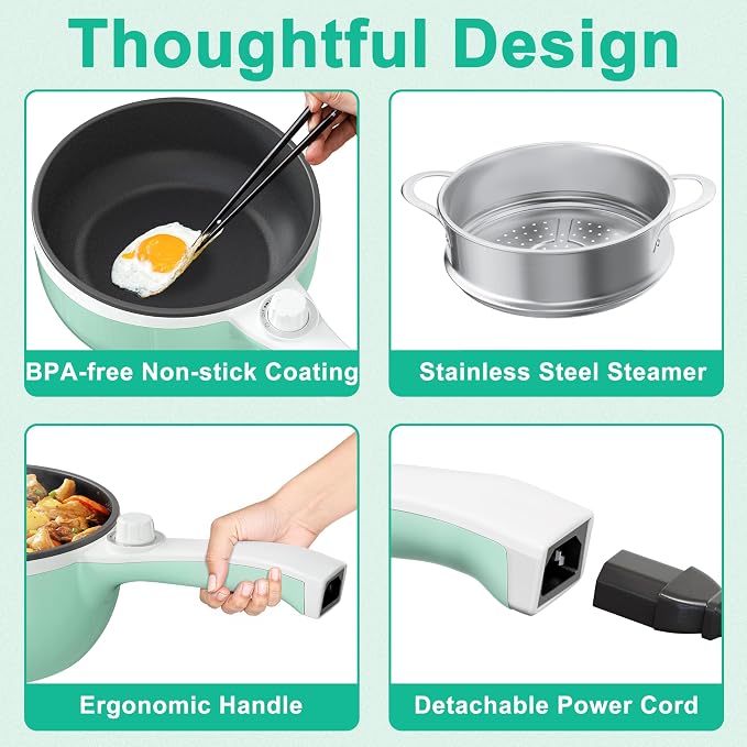 Dezin Hot Pot Electric with Steamer, 1.5L Non-Stick Portable Electric Pot | Dual Power, Upgraded 700W Electric Pot for Cooking Steak, Egg, Oatmeal, Ramen Cooker for Dorm, Travel, RV, Office, Green Pan