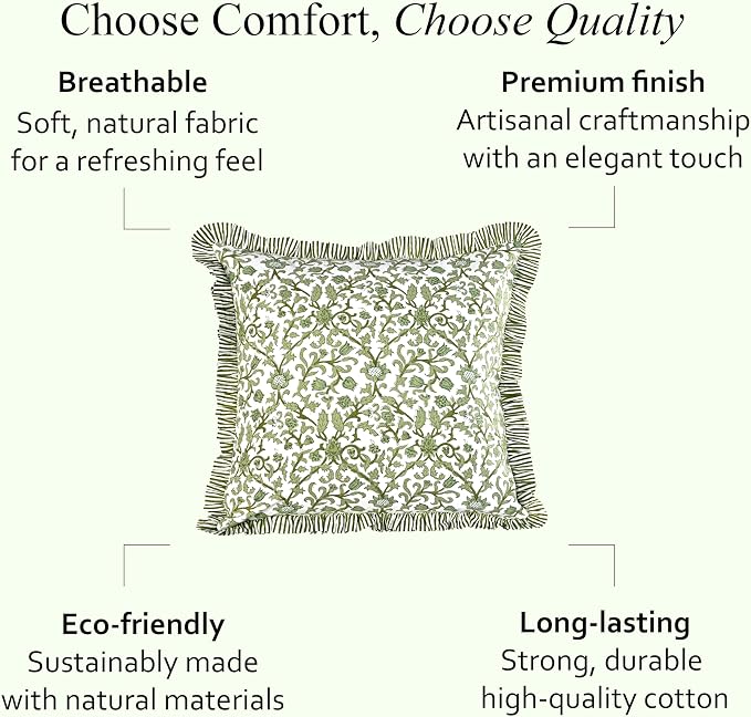 CPC Meadow Vine Hand Block Print 100% Cotton Ruffle Throw Pillow Cover 18x18 inch with Hidden Zipper Decorative for Couch, Bed, Sofa, Farmhouse, Cottagecore Decor Gift Christmas Fall Thanksgiving