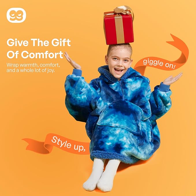Giggling Getup Wearable Blanket Hoodie for Girls and Boys Warm Cozy Sherpa Fleece Hooded Blanket Sweatshirt Oversized Hoodie with Giant Pocket & Sleeves for Kids Dark Blue Tie Dye