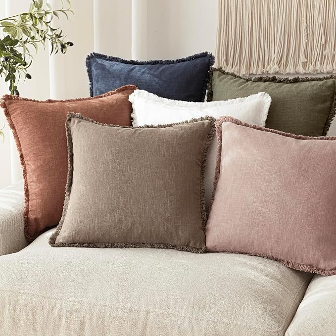 Foindtower Set of 2 Decorative Linen Fringe Throw Pillow Covers Cozy Boho Farmhouse Cushion Cover with Tassels Accent Pillowcase for Couch Sofa Bed Living Room Home Decor,26×26 Inch,Dusty Pink