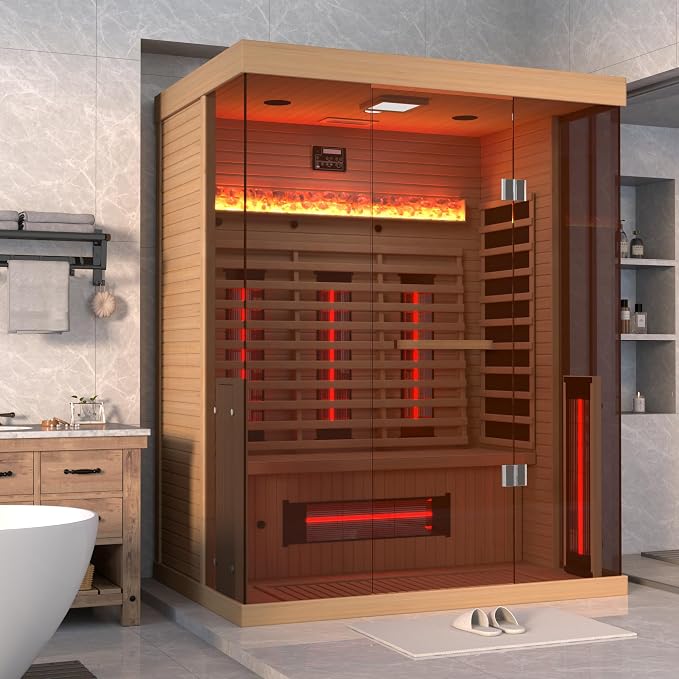 Full Spectrum Infrared Sauna, 2-3 Person Home Sauna with 6 Heating Tubes&3 Carbon Plate,Indoor Dry Sauna with Himalayan Salt Panel and LCD Touch Control Panel