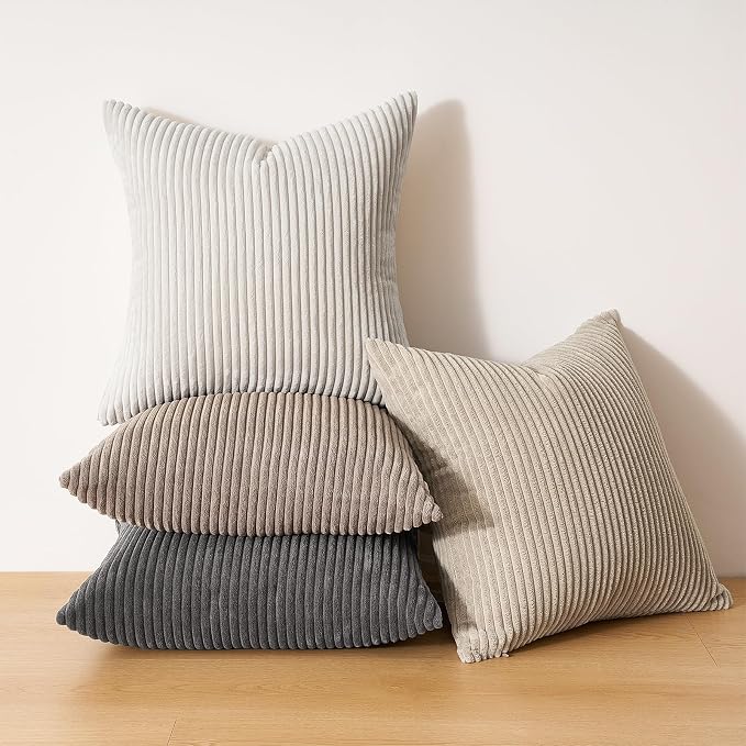 Topfinel 4 Packs Natural Decorative Throw Pillows Covers 20x20 Inch for Living Room Couch Bed Sofa, Rustic Farmhouse Boho Neutral Home Decor, Soft Plush Striped Corduroy Square Cushion Case 50x50 cm