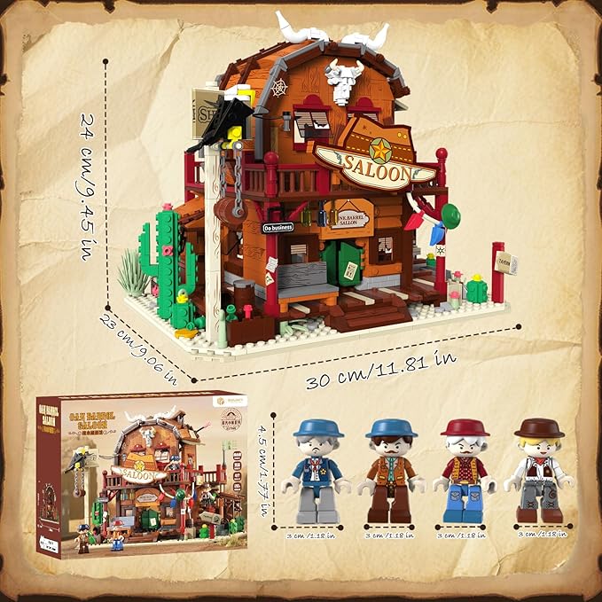Western Saloon Building Blocks, Oak Barrel Saloon Architecture with Four Figures Model Building Toy, Old West Saloon Construction Building Set for Boys Girls Adults