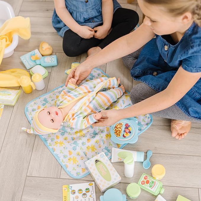 Melissa & Doug Mine to Love Deluxe Baby Care Play Set (48 Pieces – Doll + Accessories to Feed, Bathe, Change, and Cuddle)