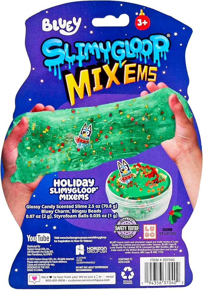 Bluey Holiday SLIMYGLOOP Mix’EMS, Peppermint-Scented Glossy Slime, 3 Fun Slime Add Ins, Bingsu Beads, Mini Foam Balls, Collectible Rubber Charm, Fun Stocking Stuffers, Gifts for Kids, Sensory Toys