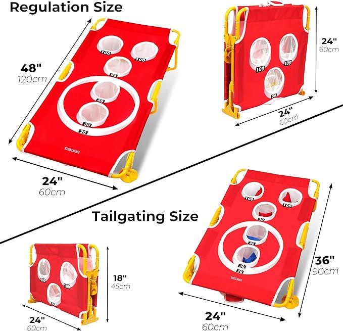 Foldable Cornhole Game Set Portable Bean Bag Toss for Family Tailgate & Beach - Metal Frame 5-Hole Arcade Style with 8 Bags & 8 Fun Games - Choose 3x2' Tailgate or 4x2' Regulation Size