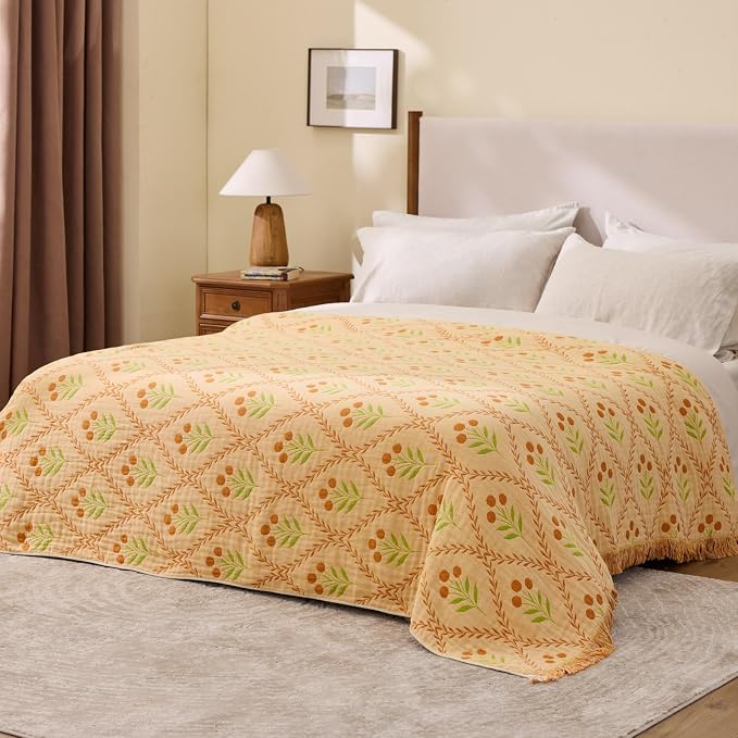100% Cotton Boho Throw Blanket for Home Decor – Classic Farmhouse Quilt Bedding, Muslin Blankets for Adults, Vintage Woven Decorative Blanket for Couch, Bed Layering Use, Vintage Floral, 104"x90"