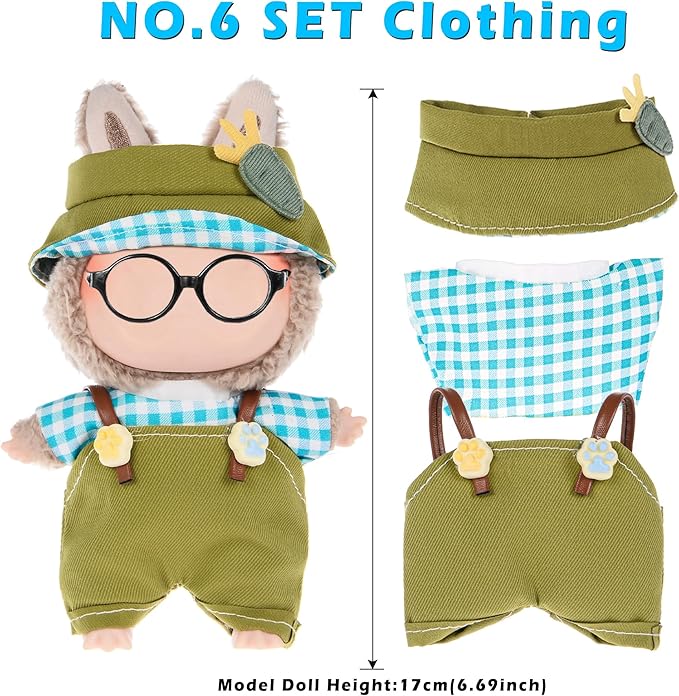 6 Sets Kawaii Doll Clothes for 17cm Plush Dolls - Dress Up Doll Clothing Set Replacement Fashion Outfit Collection with Hats & Accessories, Fits 6.7 Inch Mini Dolls (No Doll No Glasses)
