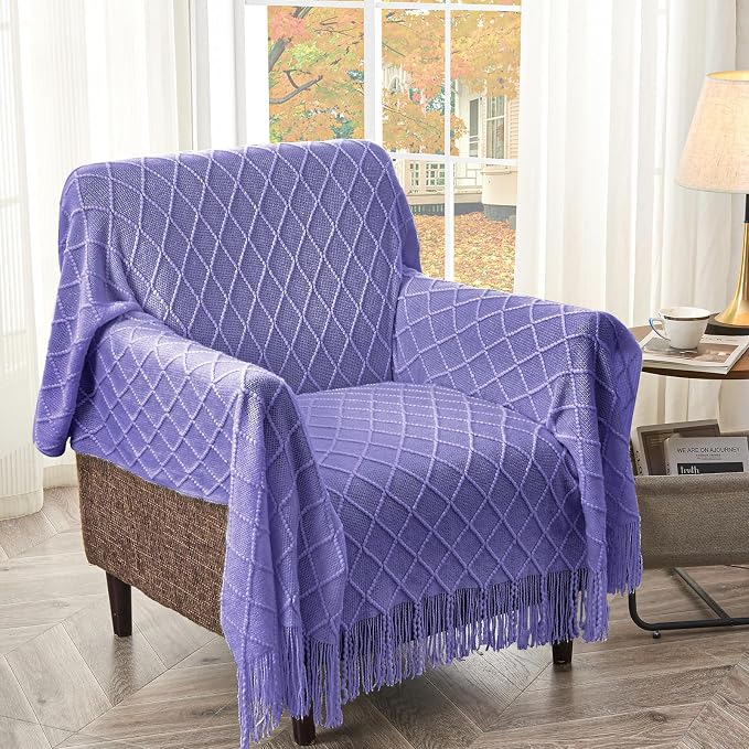 inhand Cornflower Blue Knitted Throw Blanket for Couch and Bed, 50"x60" | Gifts for Mom from Daughter Son, Soft Lightweight with Tassels, Farmhouse Warm Decorative Blanket for Women, Cozy Knit
