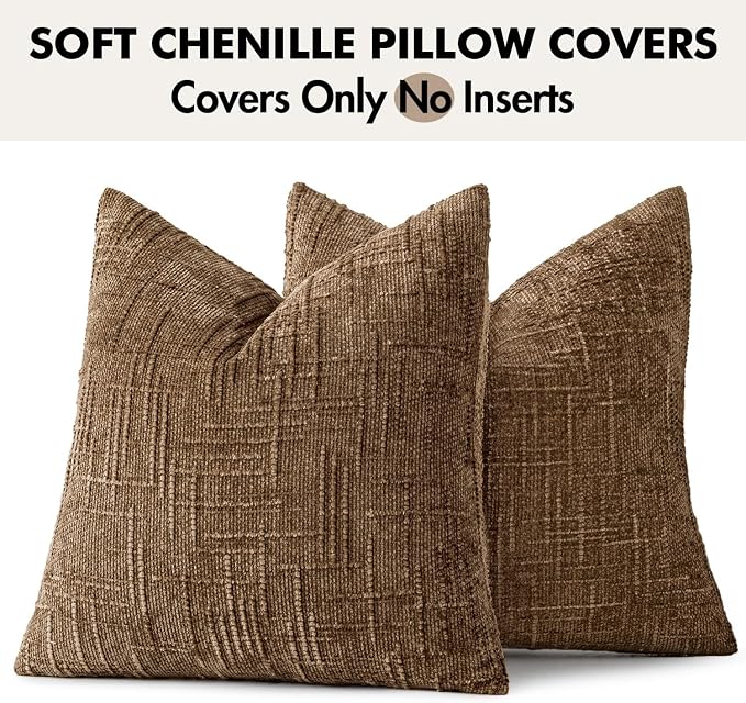 MIULEE Chenille Textured Fall Throw Pillow Covers Toffee 18x18 Set of 2 | Slubby Decorative Pillows, Boho Farmhouse Rustic Home Decor, Modern Neutral Cushion Covers for Couch Sofa Bed Living Room