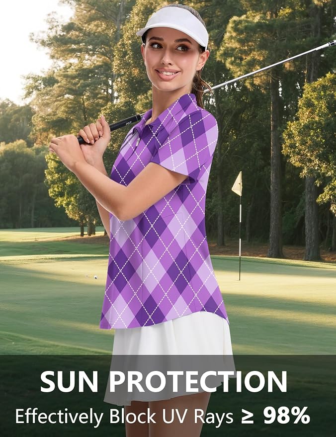 LOMON Womens Golf Polo Shirt Summer Short Sleeve Quarter Zip Outfit | Side-Pockets,Princess Seams,Cotton,Wrinkle Free,Moisture Wicking,Quick-Dry,Lightweight,Collared,for Tennis Workout