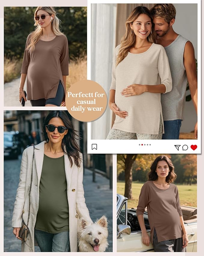 3 Pack Women's 3/4 Sleeve Maternity Shirts Elbow Length Clothes Round Neck Tunics Pregnancy Loose Side Split Tops