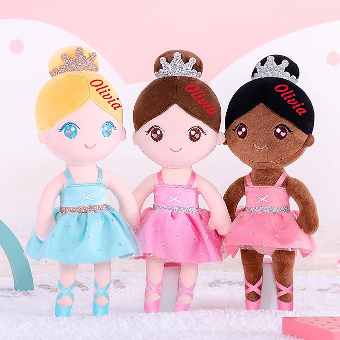 Gloveleya Personalized Baby Girl Doll with Gift Box โ Custom Name Soft Plush Ballet Princess Toy, Light Pink Ballerina Doll, Perfect Birthday, Christmas for Kids 13 Inches