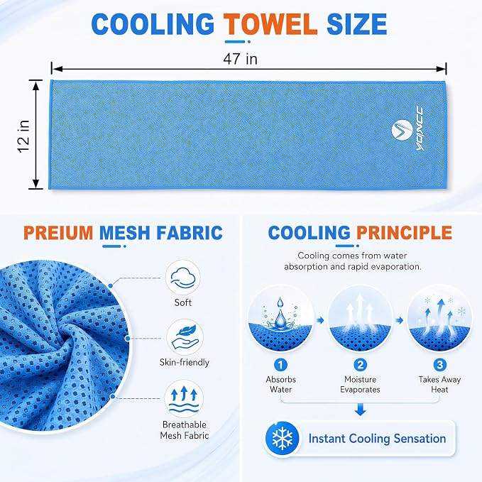 YQXCC 2 Pack Cooling Towels (47"x12"), Ice Cool Neck Towel, Soft Breathable Microfiber for Yoga, Golf, Gym, Running, Camping & Hot Weather