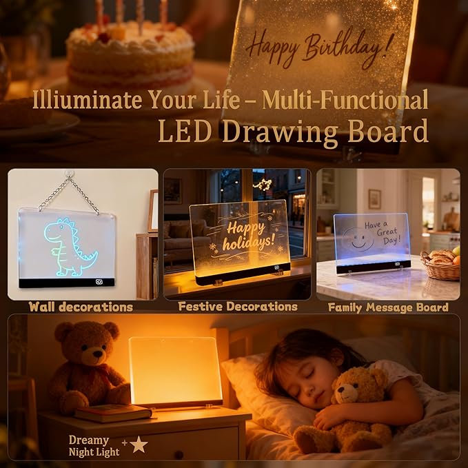 2026 Battery Powered LED Drawing Board for Kids Ages 6+, 13.7"x10" Light Up Dry Erase Note Board with Colors, 7 Color Modes, Portable Acrylic Glow Board with Stand, Markers, Spray Bottle