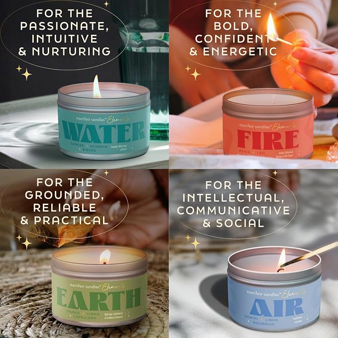 Zodiac Candles Gift Set 4 Pack โ Astrology Candles for Women, Horoscope Candle Set with Fire Earth Air & Water Elements, Coconut Soy Wax, 7oz Tin Candle โ Zodiac Gifts for Women, Astrology Gifts