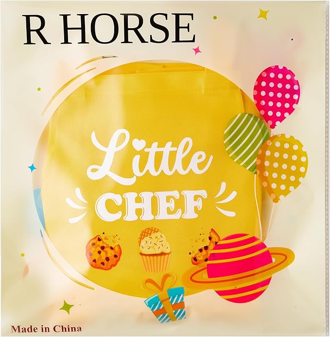 R HORSE Kids Chef Hat and Apron, Adjustable Kids Aprons with Pocket, Yellow Chef Kitchen Apron Girls Boys Kitchen Toddler Aprons for Cooking Baking