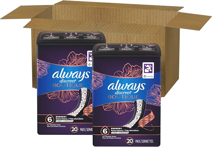 Always Discreet Boutique Incontinence Pads, for Bladder Leaks, Extra Heavy Absorbency, Long Length, 40 Count (Pack of 2)