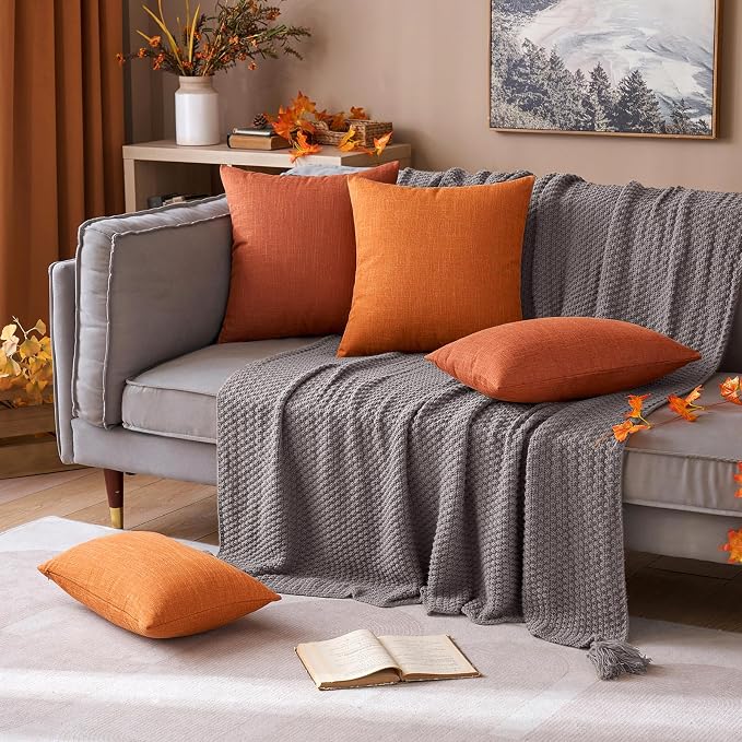 MIULEE Pack of 2 Decorative Linen Burlap Pillow Covers Fall Farmhouse Boho Accent Pillowcases for Sofa Car Couch Bedroom Living Room Decor 18x18 Inch Burnt Orange