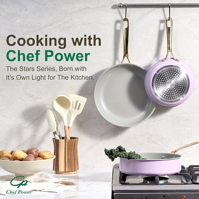 Chef Power Ceramic Frying Pan with Stainless Steel handle 5Pcs Set, Non Stick Grill Pan Set, Dishwasher and Oven Safe, Light Purple and Granite Grey