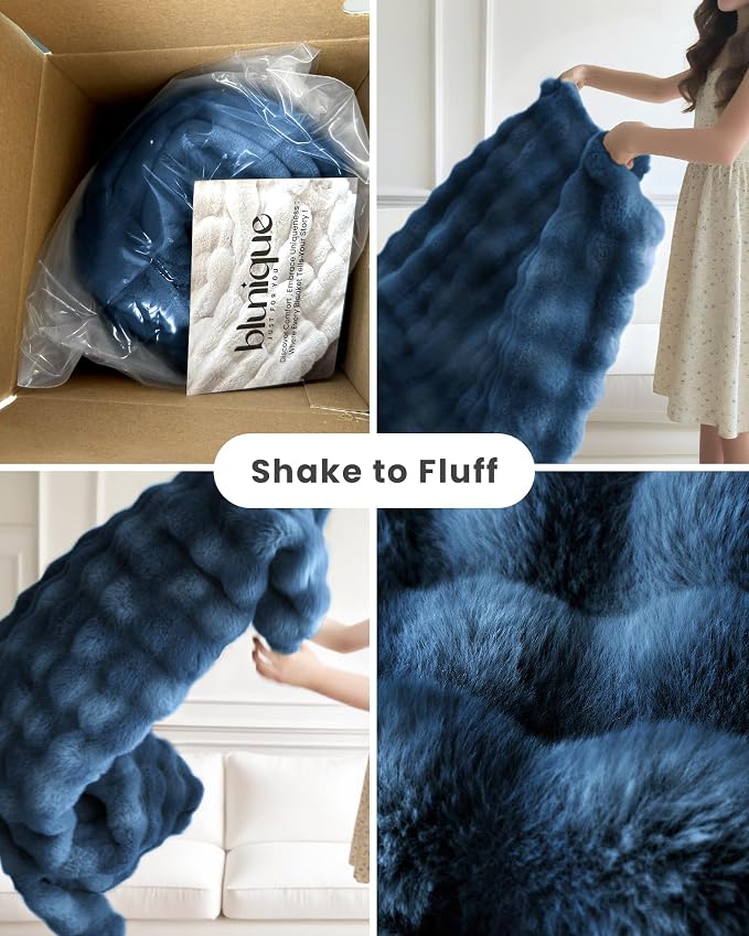 Ultra Soft Cozy Faux Fur Throw Blanket, Fuzzy Plush Thick Bubble Blanket, Oversize Luxury Fluffy Blanket for Couch, Bed, and Living Room, 60x80 Inches, Blue