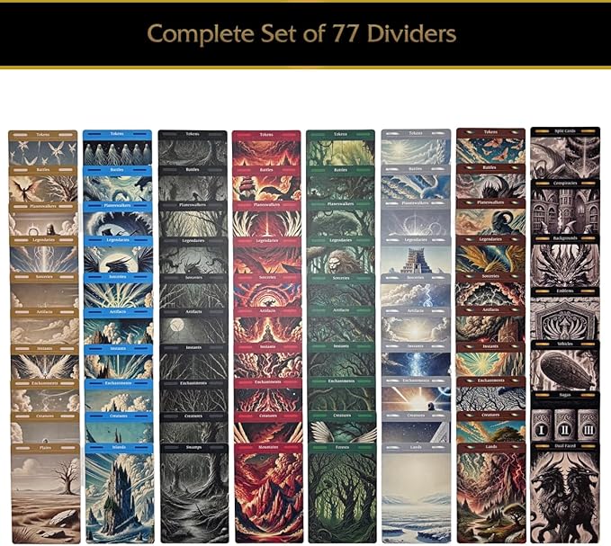 MTG Card Dividers - 77 Plastic Magic Dividers for Deck & Storage Box Organization. Unique Artwork, Color & Type Organizers for Magic The Gathering Cards (2.6 x 3.8 Inches)