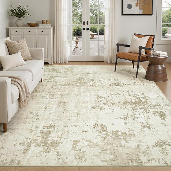 Rugflix 8x10 Area Rugs for Living Room, Washable Linen Beige Large Rug | Machine Washable; Stain-Resistant; Low Pile; Non-Slip; Modern Abstract; Carpet for Bedroom Dining Office Nursery Home