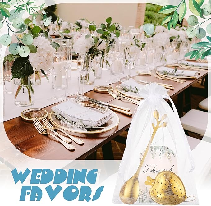 25 Sets Bridal Shower Tea Party Favor for Guest Leaf Tea Spoon Heart Shape Infuser Ball for Loose with Thank You Card Organza Bag Wedding Souvenir Gift(Gold)