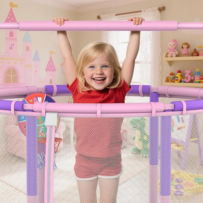 60" Trampoline for Kids, 5ft Toddler Mini 6-in-1 Trampoline Indoor Outdoor with Swing, Basketball Hoop, Dart Board, Rings, Christmas Toys Birthday Gifts for Girls Boys