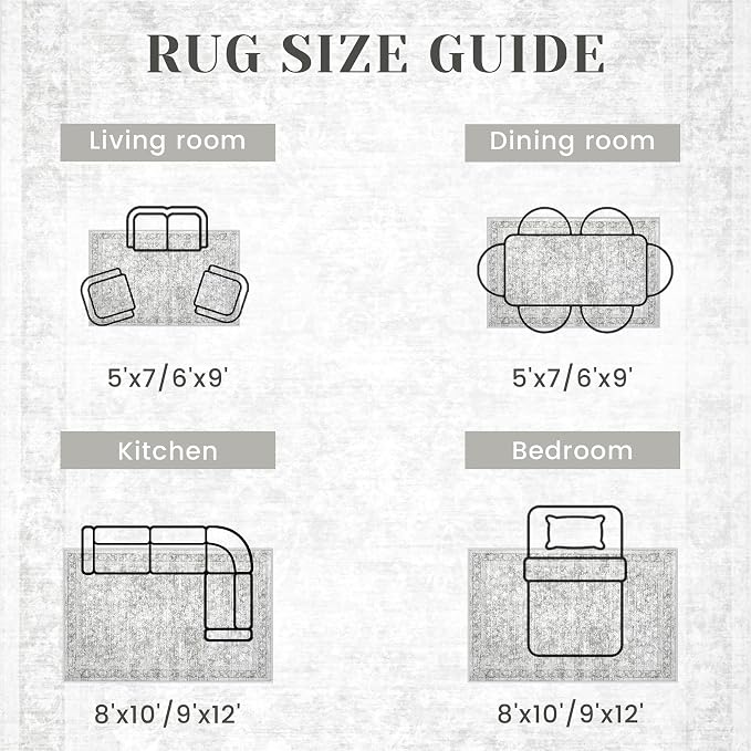 6x9 Area Rugs for Living Room: Washable Vintage Floral Rug Low Pile Non-Slip Boho Carpet for Bedroom Nursery Dining Room (Grey, 6'x9')