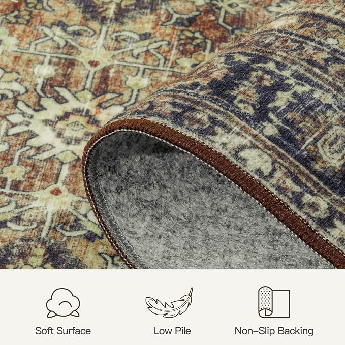 4x6 Area Rugs for Entryway, Brown Washable Non-Slip Area Rug for Kitchen | Low Pile Soft Small Rugs, Vintage-Style Carpet for Bathroom Bedroom Tool Room, Stain Resistant, Foldable Distressed Rug