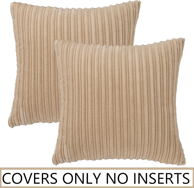 UGASA Velvet 18x18 Inch Soft Throw Pillow Covers Decorative Corduroy Striped Both Sides Solid Square Cushion Cases Boho Farmhouse for Couch Bedroom Sofa Home, Pack of 2, Beige