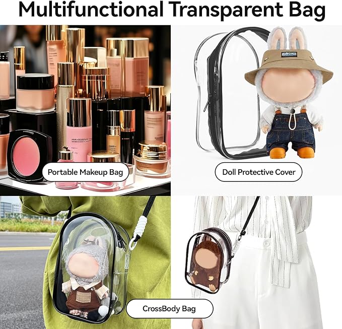 PVC Protective Case for Lububu and Other 17cm Plush Doll, Blind Box Doll Display Case for Lafufu, Clear Hanging Storage Bag Keychain, Doll Clear Bag Carrying Bag for Figures (Black)
