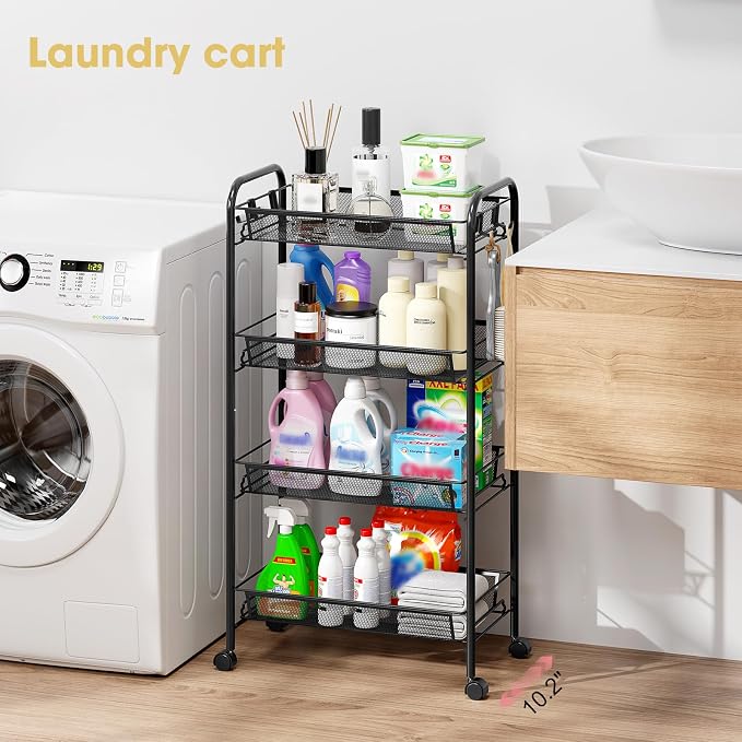 TOOLF 4-Tier Rolling Cart, Metal Utility Cart with 3 Hooks, Easy Assemble Mobile Storage Trolley On Wheels, Metal Shelving Units Kitchen Bathroom Laundry Room